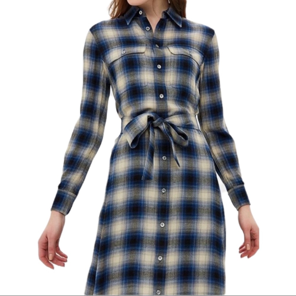 Polo Ralph Lauren Belted Shirtdress Maxi Long sleeves Blue Ombré Plaid